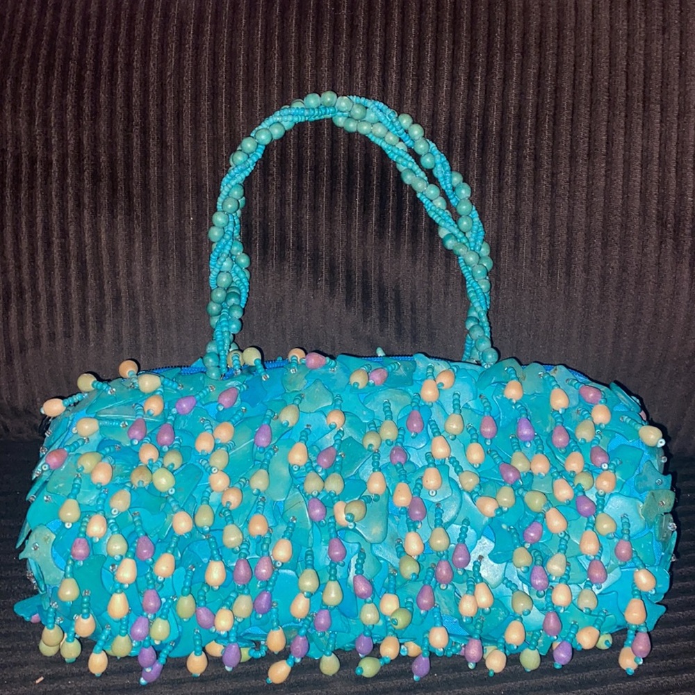 Vintage Mido Collection Sea Shell, Wooden Beads, Beaded Aqua Handbag Purse